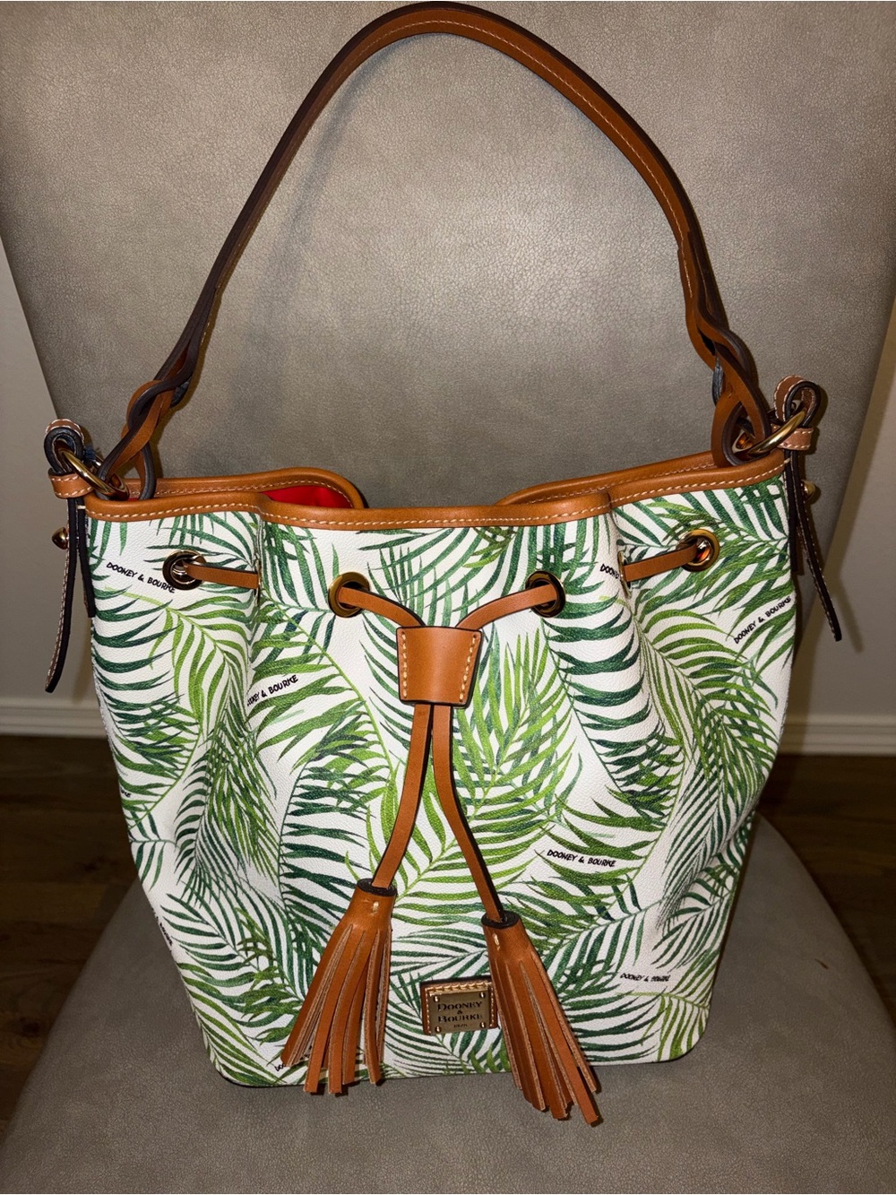 NWT Dooney & Bourke Palm Leaf Tasha Drawstring Shoulder Bag White Green